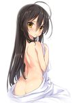  ass black_hair blush dimples_of_venus flying_sweatdrops from_behind hair_between_eyes long_hair looking_back naked_sheet nude parted_lips roke shakugan_no_shana shana simple_background solo sweat white_background yellow_eyes 