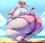  2016 animal_crossing anthro beach big_breasts big_butt bikini breasts butt clothed clothing digital_media_(artwork) elephant female hat hi_res huge_breasts huge_butt mammal margie nintendo outside overweight seaside solo standing swimsuit thick_thighs trinity-fate62 video_games water 