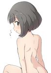  ass black_eyes black_hair blush body_blush breasts flat_chest from_behind looking_at_viewer looking_back mizuki_(pokemon) nekono_rin nude open_mouth pokemon pokemon_(game) pokemon_sm short_hair sitting small_breasts solo translated 