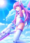  blue_eyes breasts cleavage cloud day elbow_gloves eyebrows eyebrows_visible_through_hair gloves hair_ornament highres long_hair looking_at_viewer nepgear neptune_(series) pink_hair purple_eyes purple_sister sky small_breasts smile solmyr2000 solo sword symbol-shaped_pupils very_long_hair weapon 