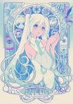  1girl :d alphonse_mucha_(style) beamed_eighth_notes blue_eyes blue_hair blue_neckwear blue_ribbon bunny character_name detached_sleeves eyebrows_visible_through_hair gradient gradient_hair hair_ornament hands_together happy hatsune_miku highres long_hair looking_away maronie. multicolored_hair musical_note necktie open_mouth parody ribbon shirt sleeveless sleeveless_shirt smile snow_bunny snowflake_hair_ornament snowflake_print snowflakes solo star style_parody twintails upper_body very_long_hair vocaloid white_hair white_shirt yuki_miku yukine_(vocaloid) 