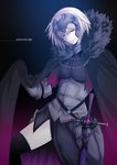  armor black_legwear blonde_hair cape chain character_name commentary_request fate/grand_order fate_(series) fur-trimmed_cape fur_collar fur_trim headpiece jeanne_d'arc_(alter)_(fate) jeanne_d'arc_(fate)_(all) otori666 short_hair solo sword thighhighs thighs weapon yellow_eyes 