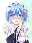  black_dress blue_eyes blue_hair blush crying dress folko looking_at_viewer maid maid_headdress re:zero_kara_hajimeru_isekai_seikatsu rem_(re:zero) ribbon short_hair smile solo tears wiping_tears 