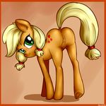  2016 absurd_res anibaruthecat anus applejack_(mlp) blonde_hair blush border butt cutie_mark dock earth_pony equine female feral freckles friendship_is_magic green_eyes hair hi_res hooves horse looking_at_viewer mammal my_little_pony pony pussy smile solo underhoof young 