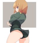  1girl ass blue_eyes brave_witches from_behind green_panties gundula_rall katuhata military military_uniform orange_hair short_hair strike_witches underwear world_witches_series 