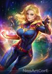  1girl abs blonde_hair blue_eyes bodysuit breasts captain_marvel carol_danvers earrings fingerless_gloves gloves highres impossible_bodysuit impossible_clothes jewelry large_breasts marvel ms._marvel nudtawut_thongmai skin_tight sky star_(sky) starry_sky stud_earrings tagme 