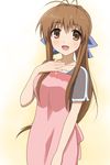  antenna_hair apron brown_eyes brown_hair casual clannad furukawa_sanae hair_ribbon hand_on_own_chest long_hair open_mouth ponytail ribbon shizupu solo 