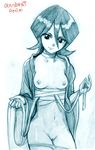  1girl areolae bandage bleach breasts collar crisisbeat female gradient gradient_background hair_between_eyes kuchiki_rukia looking_at_viewer monochrome nipples open_robe panties panties_around_thighs pussy robe sketch solo uncensored underwear white_background 