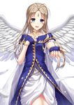  aa_megami-sama belldandy blue_eyes brown_hair collar dress feathered_wings highres jewelry long_hair looking_at_viewer open_mouth ring seirei911 simple_background solo tattoo white_background white_wings wings 
