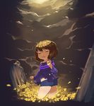  ass brown_hair closed_eyes denim denim_shorts flower frisk_(undertale) from_behind looking_back open_mouth shirt short_hair short_shorts shorts solo undertale visark 