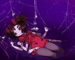  black_hair black_legwear bug dress extra_eyes fangs fewer_digits insect_girl lying monster_girl muffet multiple_arms on_back pantyhose purple_eyes purple_skin ribbon short_hair shorts silk smile solo spider spider_girl spider_web two_side_up undertale visark 