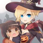  :o alternate_costume atobesakunolove black_gloves blonde_hair blue_eyes bowl breasts brown_eyes brown_hair candy child cleavage container dark_skin earrings eyes_visible_through_hair fangs food food_themed_earrings gloves grey_background hair_tubes halloween halloween_costume hat highres holding jack-o'-lantern jack-o'-lantern_earrings jewelry looking_at_viewer medium_breasts mercy_(overwatch) multiple_girls open_mouth outstretched_arms overwatch paw_gloves paws pharah_(overwatch) ponytail short_hair side_braids silhouette tongue tongue_out upper_body v-shaped_eyebrows witch_hat witch_mercy younger 