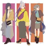  3girls ahoge asashimo_(kantai_collection) bag black_footwear black_hair boots casual coat colis earrings eyes_closed grey_eyes grey_hair hair_between_eyes hair_over_one_eye handbag hayashimo_(kantai_collection) high_heel_boots high_heels jacket jewelry kantai_collection kiyoshimo_(kantai_collection) long_skirt multiple_girls ponytail silver_hair skirt socks winter_clothes winter_coat yellow_legwear 