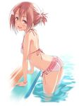  arched_back arm_support ass bikini breasts brown_eyes brown_hair commentary_request flat_ass from_side highres leaning_forward looking_back michairu open_mouth pink_bikini ponytail pool scrunchie short_hair side-tie_bikini small_breasts smile solo swimsuit wading water yuuki_yuuna yuuki_yuuna_wa_yuusha_de_aru yuusha_de_aru 