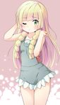  ;&lt; arms_up blonde_hair blush braid cosplay green_eyes highres lillie_(pokemon) long_hair mao_(pokemon) mao_(pokemon)_(cosplay) nekono_rin one_eye_closed overalls pokemon pokemon_(game) pokemon_sm shorts solo twin_braids 