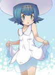  blue_eyes blue_hair cosplay dress dress_lift hat lillie_(pokemon) lillie_(pokemon)_(cosplay) nekono_rin open_mouth panties panty_peek pokemon pokemon_(game) pokemon_sm see-through short_hair sleeveless sleeveless_dress solo suiren_(pokemon) sun_hat sundress trial_captain underwear white_dress 