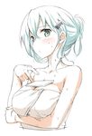  after_bath alternate_hairstyle aqua_eyes arm_support breasts cellphone cleavage collarbone commentary eyebrows eyebrows_visible_through_hair green_hair hair_between_eyes hair_ornament hairclip kantai_collection large_breasts looking_at_viewer messy_hair object_on_breast phone simple_background solo suzuya_(kantai_collection) takayaki tawawa_challenge tied_hair towel wet white_background 