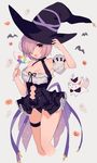  :d adapted_costume animal bangs bare_shoulders bat black_dress black_hat black_panties black_ribbon blush breasts choker cleavage clothed_animal cropped_legs cross detached_sleeves dress eyelashes fate/grand_order fate_(series) fou_(fate/grand_order) ghost grey_background hair_over_one_eye halloween_costume hand_on_headwear hand_up hat hat_ribbon holding holding_wand lace_trim looking_at_viewer mash_kyrielight medium_breasts microdress miyako_(xxxbibit) navel navel_cutout open_mouth panties puffy_sleeves pumpkin purple_eyes purple_hair purple_ribbon rainbow_order ribbon saint_quartz short_hair smile sparkle stellated_octahedron thigh_strap underwear wand witch_hat 