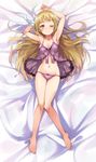  absurdres armpits arms_up babydoll bare_legs bed_sheet blonde_hair breasts commentary dakimakura full_body highres long_hair lying medium_breasts michairu midriff navel nightgown nogi_sonoko on_back one_eye_closed ribbon solo underwear yellow_eyes yuuki_yuuna_wa_yuusha_de_aru yuusha_de_aru 