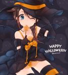  alternate_costume artist_name bat_wings black_dress blue_eyes braid brown_hair cointreau dress elbow_gloves ghost_print gloves hair_between_eyes hair_flaps hair_over_shoulder hair_ribbon halloween hand_on_headwear happy_halloween hat holding kantai_collection long_hair looking_at_viewer remodel_(kantai_collection) ribbon shigure_(kantai_collection) single_braid sitting smile solo tress_ribbon wings witch_hat 