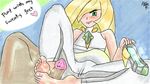  1boy 1girl aether_foundation barefoot clothed feet footjob green_eyes long_hair looking_at_viewer lusamine_(pokemon) nintendo pokemon shoes_removed smell smile soles text toes 