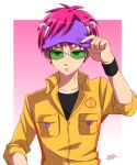  1boy ahoge annoyed antennae black_shirt black_wristband breast_pocket collarbone collared_jacket eyebrows_visible_through_hair glasses gradient gradient_background hand_on_headwear hat highres jacket kameron pink_background pink_hair pocket saiki_kusuko saiki_kusuo_no_psi_nan shirt sidelocks signature sleeves_rolled_up solo upper_body visor_cap wristband yellow_jacket zipper 