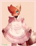  2016 aiponda_(character) anthro blush clothed clothing crossdressing digital_media_(artwork) dress fur green_eyes kemono male mammal multicolored_fur one_eye_closed open_mouth red_fur red_panda simple_background sunnynoga teenager wink young 