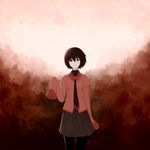  black_hair highres monogatari_(series) necktie oshino_ougi polomeria school_uniform short_hair skirt sleeves_past_wrists smile solo 