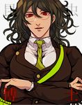  black_hair crossed_arms danganronpa glasses gokuhara_gonta green_neckwear hisida insect_cage long_hair looking_at_viewer male_focus messy_hair muscle necktie new_danganronpa_v3 red_eyes school_uniform smile solo upper_body 