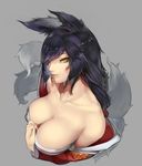  ahri animal_ears black_hair breasts cleavage fox_ears fox_tail grey_background highres korean_clothes kumiko_shiba large_breasts league_of_legends lips long_hair looking_at_viewer multiple_tails parted_lips simple_background solo tail yellow_eyes 