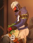  2boys age_difference ass blush cum cum_in_mouth deepthroat drooling ejaculation erection fellatio forced genji_(overwatch) gloves green_hair hand_on_head male_focus mask orgasm overwatch penis restrained saliva silver_hair soldier:_76_(overwatch) wince yaoi 
