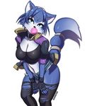  2016 anthro bent_over big_breasts blue_eyes blue_fur blue_hair breasts bubble_gum canine cleavage clothed clothing collar english_text female fingerless_gloves fox fur gloves hair hand_on_thigh jacket jewelry krystal legwear looking_at_viewer madopts mammal midriff navel necklace nintendo open_jacket raised_tail shorts signature simple_background skimpy solo star_fox tailband text torn_clothing video_games white_background white_fur 