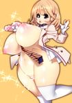  1girl areolae between_breasts blonde_hair bottomless breasts brown_eyes brown_hair curvy female gloves gun hair_ornament hairclip highres huge_breasts jacket lactation looking_at_viewer megamouth_system narusawa_ryouka navel necktie nipples no_bra no_underwear occultic;nine open_clothes open_mouth open_shirt puffy_nipples pussy pussy_juice short_hair simple_background solo standing thighhighs unaligned_breasts uncensored weapon white_gloves white_legwear wide_hips 