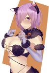  animal_costume animal_ears arched_back black_nails blush breasts cleavage closed_mouth commentary_request dangerous_beast elbow_gloves fate/grand_order fate_(series) from_side fur_trim gloves grey_gloves hair_over_one_eye halloween halloween_costume highres large_breasts lavender_eyes lavender_hair looking_at_viewer looking_to_the_side mash_kyrielight midriff nail_polish navel onineko-chan revealing_clothes short_hair solo stomach underboob upper_body wolf_ears 