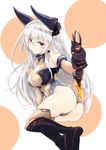  ass black_footwear boots borrowed_character breasts brown_legwear colo_mag-chan detached_sleeves draph granblue_fantasy highres horns leotard long_hair long_sleeves looking_at_viewer medium_breasts original pointy_ears red_eyes solo staff thighhighs wasavi_8 white_hair 
