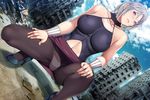  1girl bare_shoulders blush breasts clouds collarbone dutch_angle earrings empress_energy_ectsasy erect_nipples feet game_cg grey_hair high_heels highres large_breasts looking_at_viewer outdoors panties panties_under_pantyhose pantyhose sei_shoujo serious short_hair silver_hair skirt sky slegs solo squatting thigh underwear yellow_eyes 
