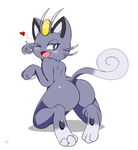  &lt;3 2016 alolan_meowth anthro blush butt cat feline female fur grey_fur hi_res kamikitsu looking_at_viewer looking_back mammal nintendo nude one_eye_closed paws pok&eacute;mon raised_tail regional_variant semi-anthro simple_background smile solo suggestive tongue video_games white_background wink 