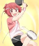  :d animal_print ball bike_shorts bone_hair_ornament dog_print hair_ribbon open_mouth paddle red_eyes red_hair ribbon shakunetsu_no_takkyuu_musume short_twintails shorts smile solo table_tennis_ball table_tennis_paddle trg-_(sain) tsumujikaze_koyori twintails wristband 