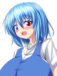  :d blue_eyes blue_hair blush breast_awe breasts commentary heterochromia huge_breasts looking_at_breasts looking_down open_mouth parmiria red_eyes short_hair smile solo tatara_kogasa teeth touhou upper_body 