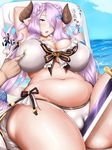  1girl between_legs bikini blue_eyes braid breast_grab breasts cameltoe cleavage cow_girl cow_horns crotch doraf granblue_fantasy hair_ornament hair_over_one_eye hairclip horns huge_breasts katana kurotama lavender_hair leg_lift long_hair male_hand narumeia_(granblue_fantasy) navel ocean open_mouth outdoors plump pointy_ears sitting summer swimsuit sword thighs translated weapon white_bikini white_swimsuit wide_hips 