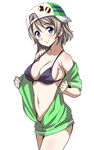  bikini black_bikini blue_eyes body_blush breasts cleavage hat highres light_brown_hair looking_at_viewer love_live! love_live!_sunshine!! medium_breasts navel off_shoulder open_clothes open_shirt rozen5 shirt smile solo strap_gap swimsuit undressing watanabe_you 
