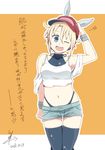 2016 ;d bangs black_legwear blonde_hair blue_eyes commentary_request crop_top dated denim denim_shorts hair_between_eyes hair_ribbon hand_behind_head hat highres looking_at_viewer midriff navel one_eye_closed open_mouth original outline panty_straps ribbon shirt short_shorts shorts shoulder_cutout signature sleeveless sleeveless_turtleneck smile solo star thighhighs translation_request tsukigi turtleneck white_outline white_shirt wristband yellow_background 