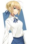  1girl ahoge artoria_pendragon_(all) blonde_hair blue_neckwear blue_ribbon blue_skirt blush closed_mouth commentary_request fate/stay_night fate_(series) green_eyes hair_ribbon highres long_sleeves looking_at_viewer neck_ribbon onineko-chan ribbon saber shirt short_hair skirt solo upper_body white_shirt 