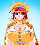  00s 1girl belt breasts cleavage earrings female glasses green_eyes hat huge_breasts indoors jacket jewelry lipstick long_hair magical_teacher_komachi makeup necklace nurse_witch_komugi-chan red_hair red_lips smile solo star star_earrings star_necklace teacher upper_body 