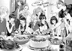  6+boys ;) amagase_touma bandana bangs birthday_cake blunt_bangs bob_cut bottle cake cellphone character_name chopsticks cup dated door drinking_glass eating enjouji_michiru food fruit fuyumi_jun glasses greyscale hair_tie hairband happy_birthday idolmaster idolmaster_side-m iseya_shiki jewelry kagura_rei kizaki_ren looking_at_another male_focus mitarai_shouta mizushima_saki monochrome multiple_boys necklace one_eye_closed otoko_no_ko phone plate ponytail sakaki_natsuki sakuraba_kaoru salad scrunchie smartphone smile soy_sauce star strawberry table taiga_takeru tempura tied_hair v wristband yutaka_(yukitanu) 