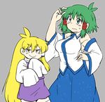  &gt;:) 3: adjusting_hair alternate_hair_length alternate_hairstyle antenna_hair armpits blonde_hair breasts eyebrows frown green_eyes green_hair hair_tubes hairstyle_switch kochiya_sanae large_breasts long_hair long_skirt looking_at_viewer lowres moriya_suwako multiple_girls nazotyu no_nose short_hair sidelocks skirt sleeves_past_wrists smile smug sweat thick_eyebrows touhou v-shaped_eyebrows very_long_hair yellow_eyes 