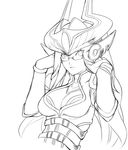  breasts circlet cleavage glasses greyscale highres kumiko_shiba large_breasts league_of_legends long_hair looking_at_viewer monochrome simple_background sketch solo syndra white_background 