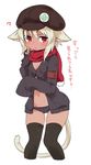  ? animal_ears bad_id bad_twitter_id black_legwear black_panties blush breasts cabbie_hat cameltoe cleavage cropped_legs dark_skin done_(donezumi) hat inactive_account long_sleeves navel original panties red_eyes red_scarf scarf short_hair simple_background sleeves_past_wrists small_breasts solo sweat tail thighhighs underwear white_background 