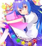  2016 blue_hair blue_skirt dated heart highres hinanawi_tenshi long_hair looking_at_viewer no_hat no_headwear puffy_short_sleeves puffy_sleeves red_eyes shio_(shiojojo1) shirt short_sleeves skirt smile solo star touhou white_shirt 