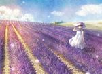  blue_eyes cloud day dress field flower flower_field hand_on_headwear hat landscape lavender_(flower) naruse_chisato original scenery short_hair sky smile solo standing sundress 